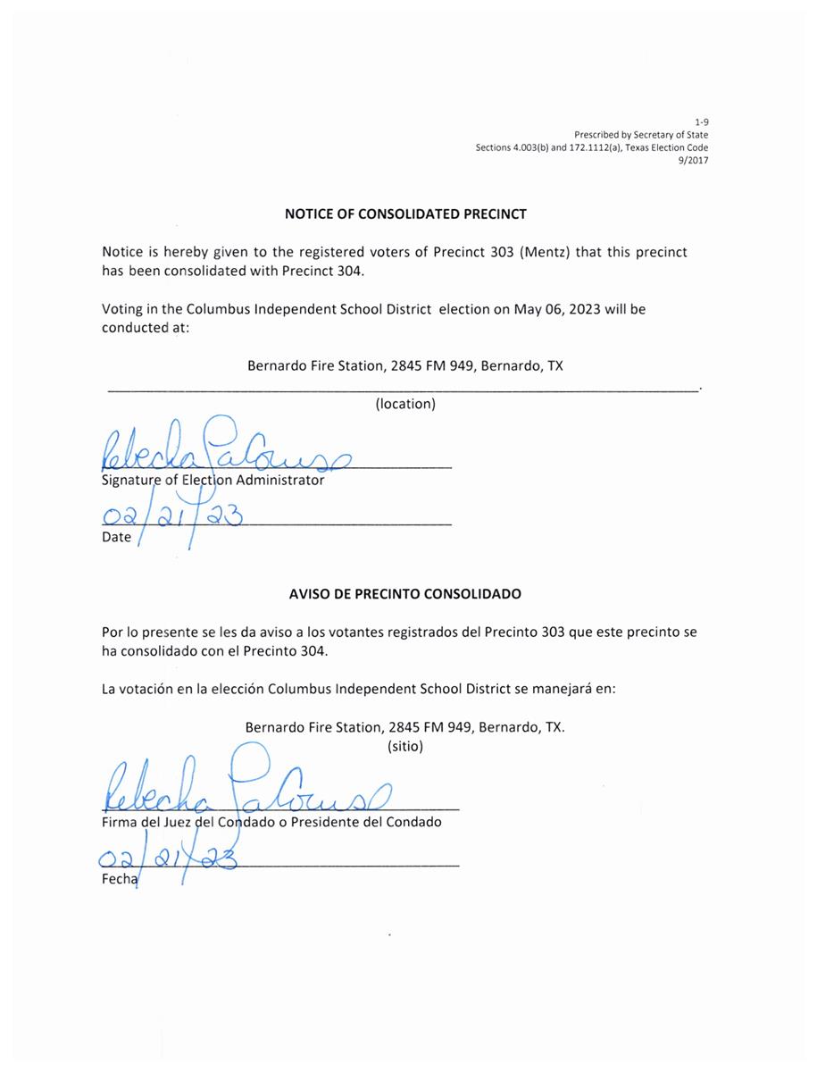 Notice of consolidated precinct. Precinct 303 consolidated with precinct 304. 